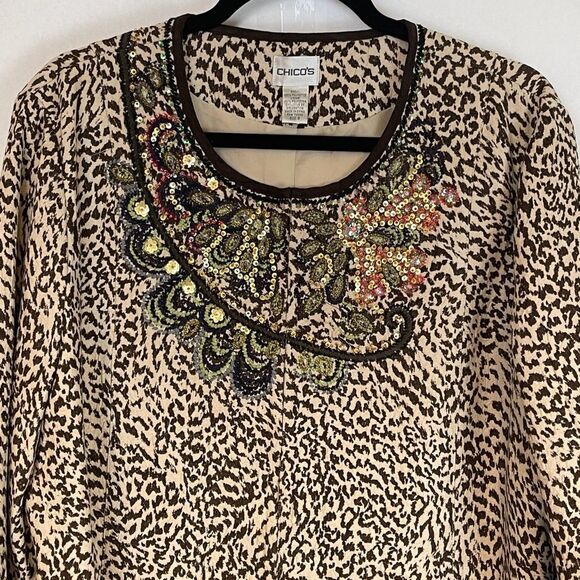CHICO’S Jacket XL Brown Leopard Print Beaded Sequins Lined Long Sleeve Size 3 - Picture 2 of 12